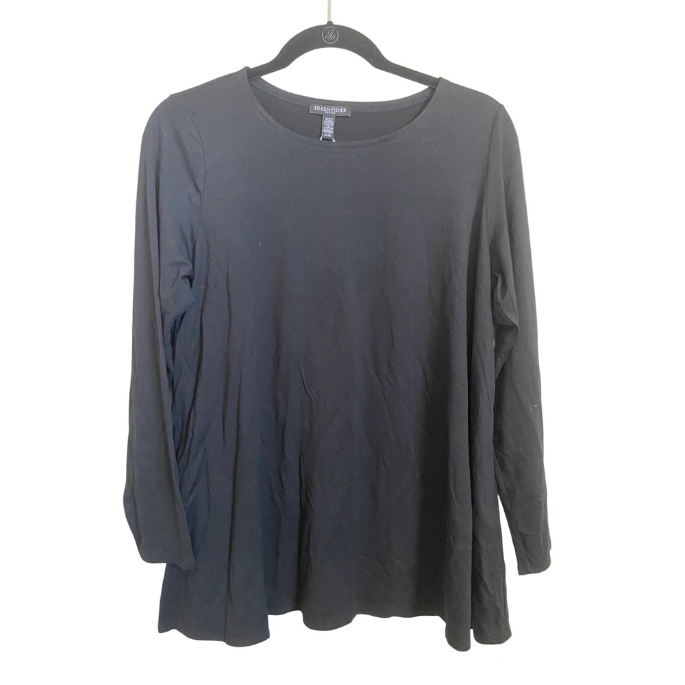 Eileen Fisher Petite Black Tencel Lyocell Jewel Neck Top PL‎ Large New